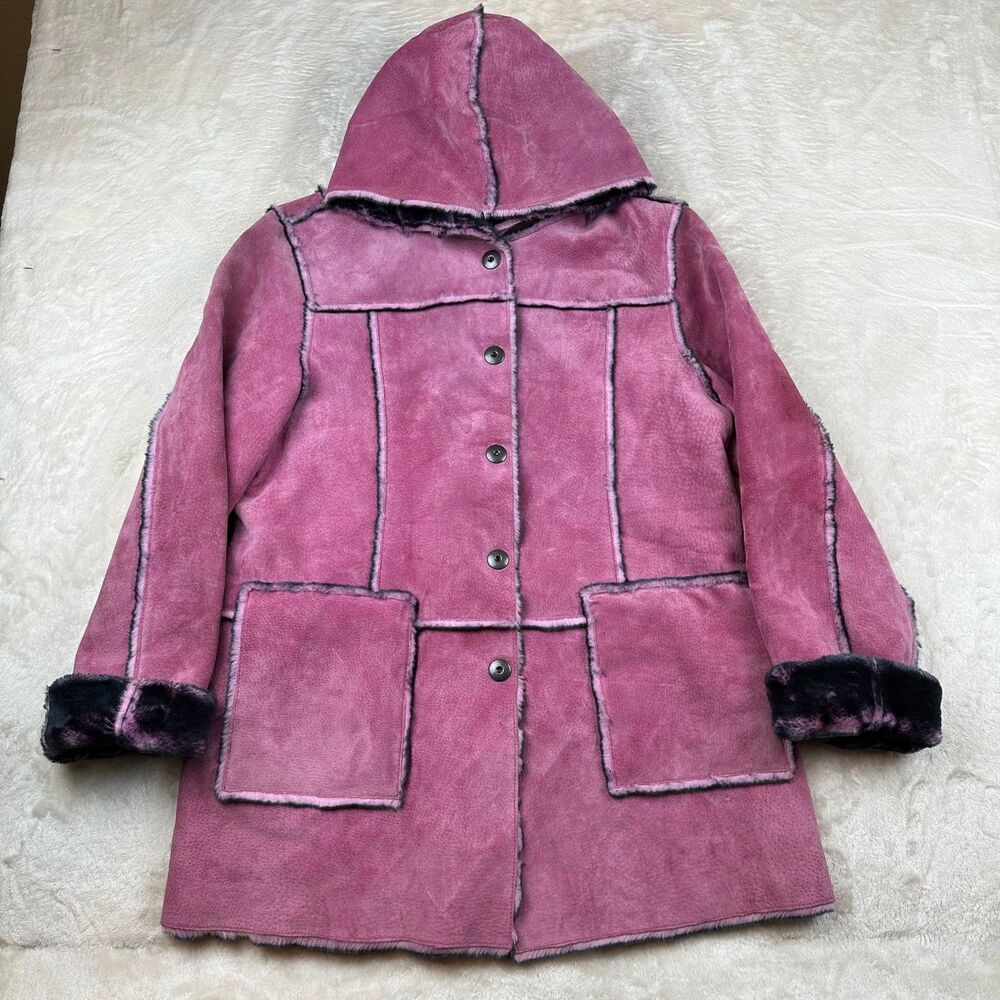Newport News Easy Style Women's Pink Suede Leather Hooded Coat L Faux Fur Lined